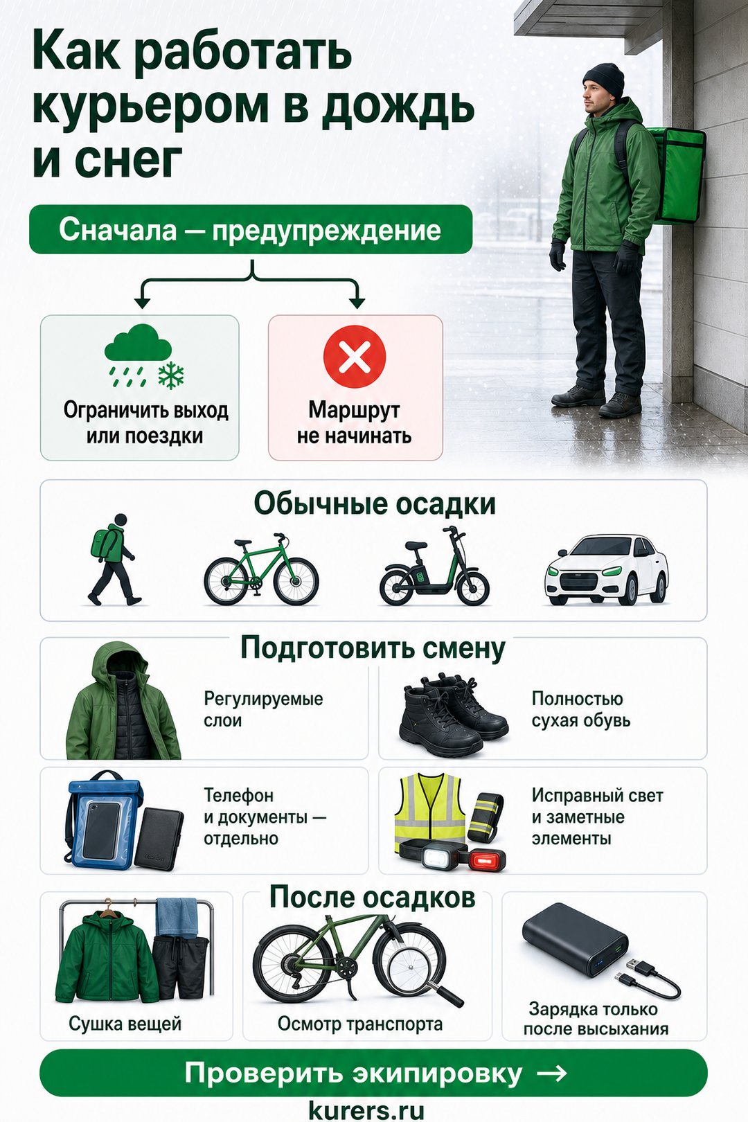 курьер готовится к работе в дождь и снег