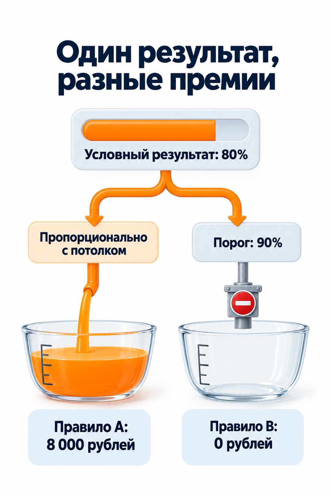 Учебная модель: исходные данные и оба полных правила приведены в тексте. Реальные условия проверяют у работодателя. Одинаковое выполнение плана даёт разные суммы при пропорциональном и пороговом правилах условного примера.
